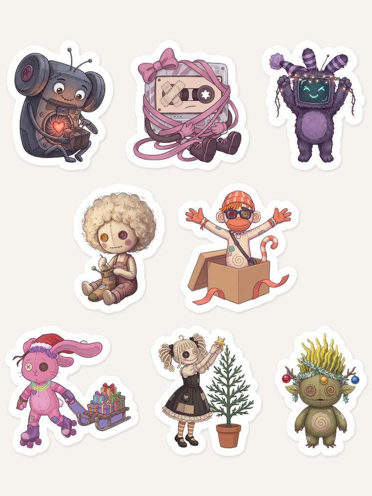 Preview sheet of eight winter-themed attic toy stickers: a robot cradling a gift, a ribbon-tangled cassette, a bear with string lights, a doll knitting, a monkey popping out of a gift box, a bunny pulling a sled of presents, a doll topping a small tree and a creature crowned with ornaments.