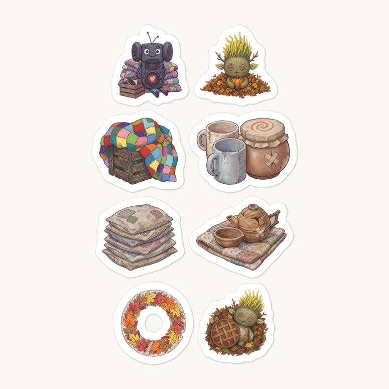 Preview sheet of eight autumn attic stickers: a robot sitting among folded quilts, a leafy green creature in a pile of fallen leaves, a patchwork blanket draped over a wooden crate, two mugs beside a jar with a spiral lid, a stack of patched cushions, a teapot and bowl on a quilt, a wreath of autumn leaves and a leafy creature holding a pie.