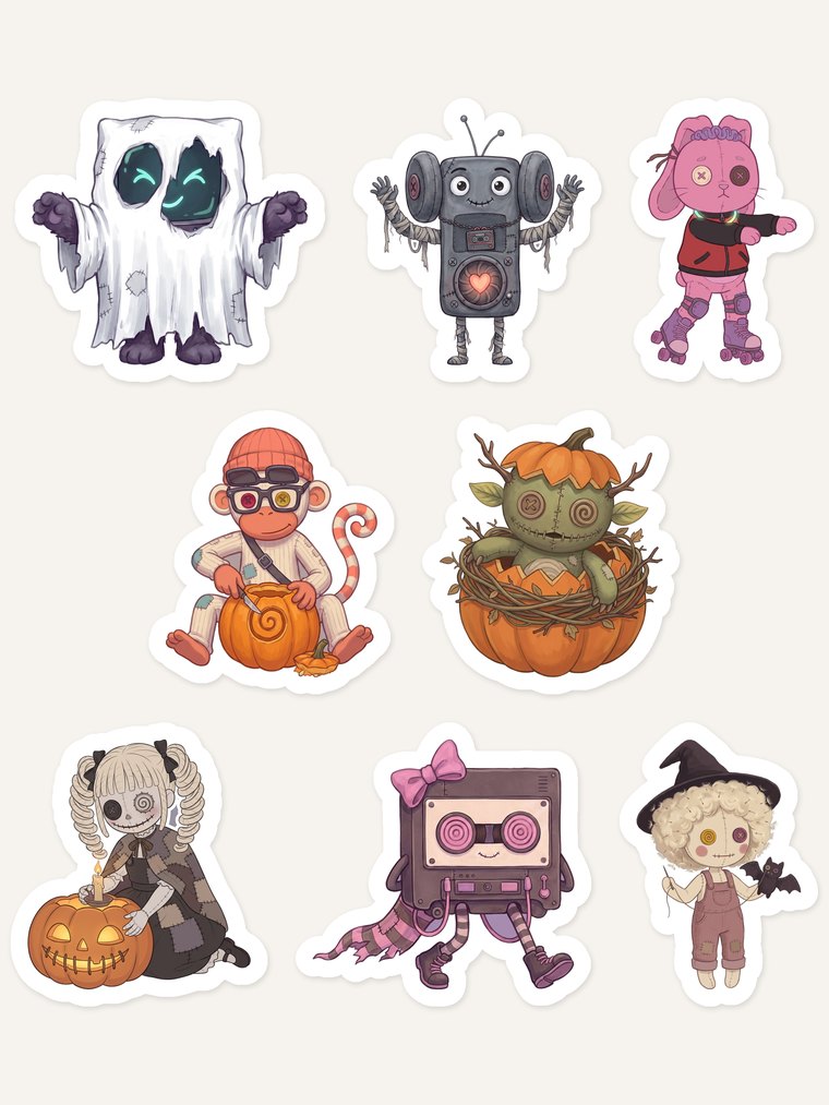 Preview sheet of eight Halloween-costumed attic toy stickers: a patched ghost, a mummy-wrapped robot, a roller-skating bunny, a monkey carving a pumpkin, a mossy pumpkin creature, a doll with a jack-o-lantern, a bow-wearing cassette creature and a witch-hatted doll with a bat.