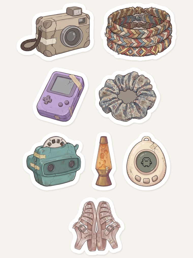 Preview sheet of eight 80s and 90s object stickers: a taped-up film camera, a braided friendship bracelet, a cracked handheld game, a patched scrunchie, a viewfinder toy, a lava lamp, an egg-shaped digital pet and a pair of gladiator sandals.