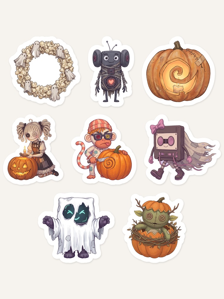 Preview sheet of eight eerie-cute attic stickers: a popcorn-and-ghost wreath, a mummy-wrapped robot with a glowing heart, a candlelit carved pumpkin, a button-eyed doll beside a jack-o-lantern, a monkey in a striped beanie carving a pumpkin, a bow-wearing cassette creature trailing a sheet, a bedsheet ghost with glowing eyes, and a small green creature sitting in a pumpkin nest.