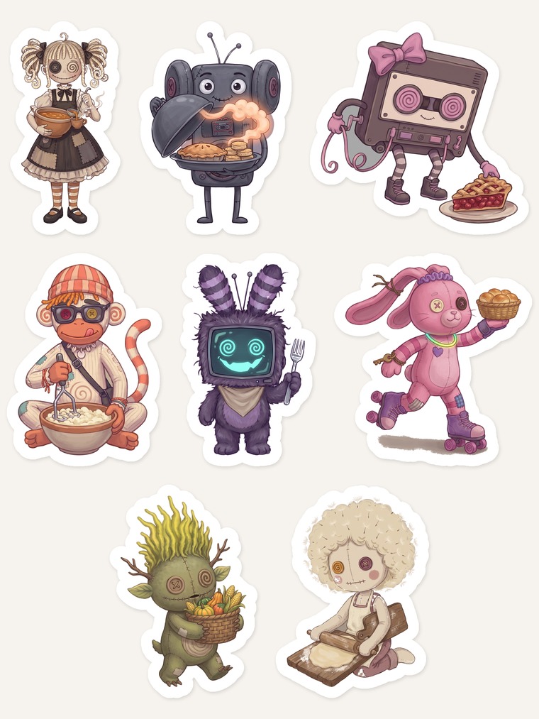 Preview sheet of eight harvest-dinner attic toy stickers: a doll carrying a bowl of soup, a robot serving pie from a cloche, a cassette creature with a cherry pie, a monkey whisking a mixing bowl, a television-headed creature holding a fork, a bunny with a basket of rolls, a leafy green creature with a harvest basket, and a curly-haired doll rolling pastry.