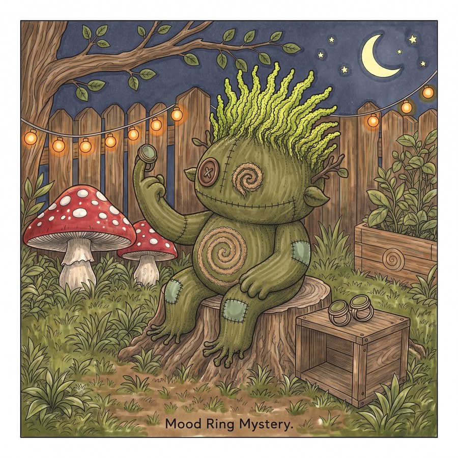 The same Mood Ring Mystery page, colored in marker: Tanglewood in moss green under a crescent moon, string lights glowing along the fence.