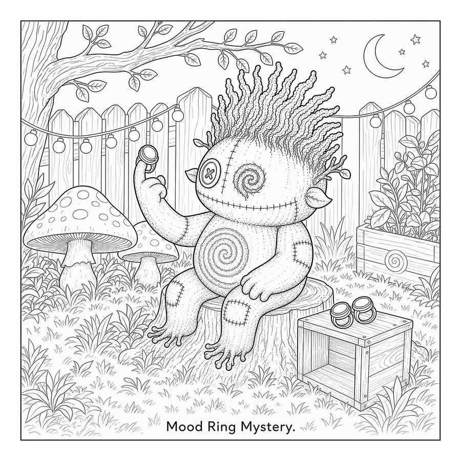 Line art page from Rewind Hollow, Mood Ring Mystery, uncolored and ready for markers. Tanglewood sits on a tree stump in a night garden, holding up a mood ring beside two mushrooms and a string-light fence.